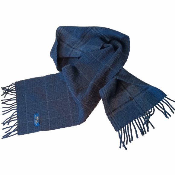 Polo Ralph Lauren Blue Plaid Wool Fringe Scarf Two Sided Reversible - Picture 1 of 9